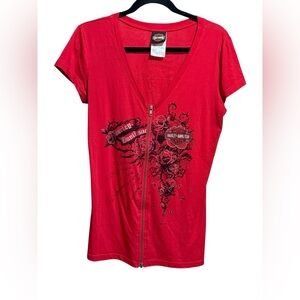 Harley-Davidson Women’s Red Zip Front Rhinestone Graphic Tee Savannah, GA Sz‎ L